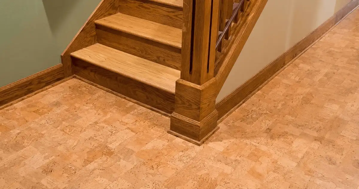 End of a staircase with cork flooring in St Paul, MN