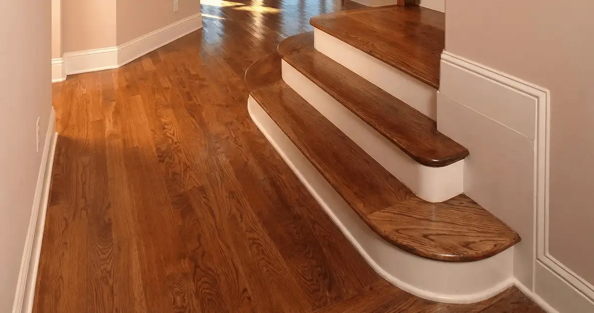 Base floor of a staircase with professionally restored wood flooring in St Paul MN