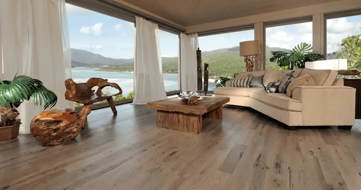 Professionally installed vinyl flooring in a modern living room with large windows in St Paul, MN